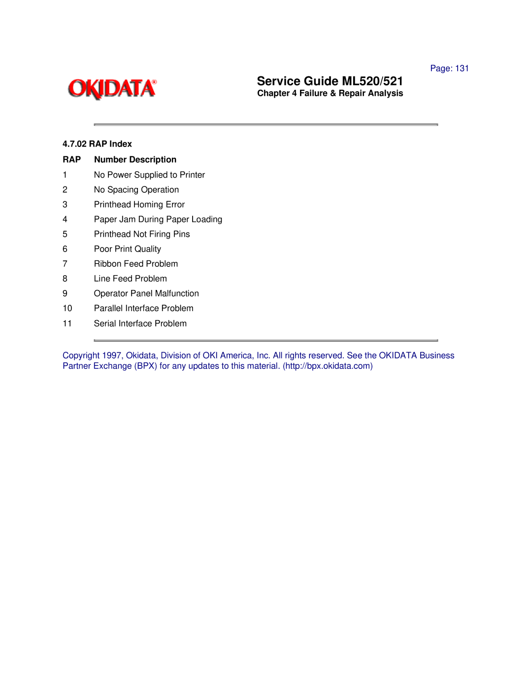 Oki ML520, ML521 manual Failure & Repair Analysis RAP Index RAP Number Description 