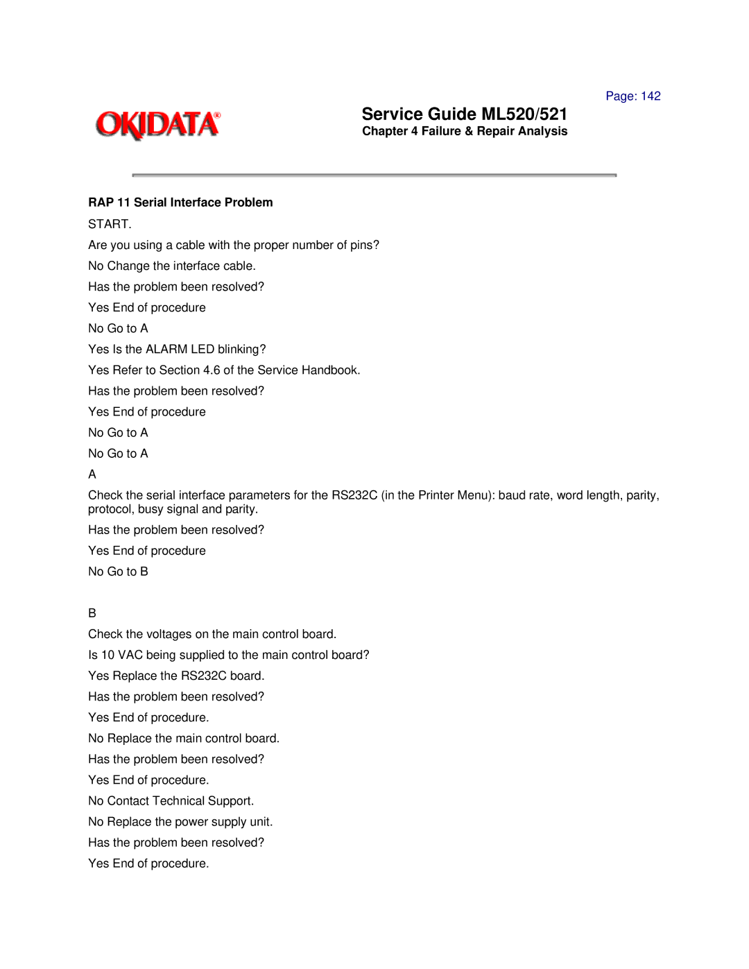 Oki ML520, ML521 manual Failure & Repair Analysis RAP 11 Serial Interface Problem 