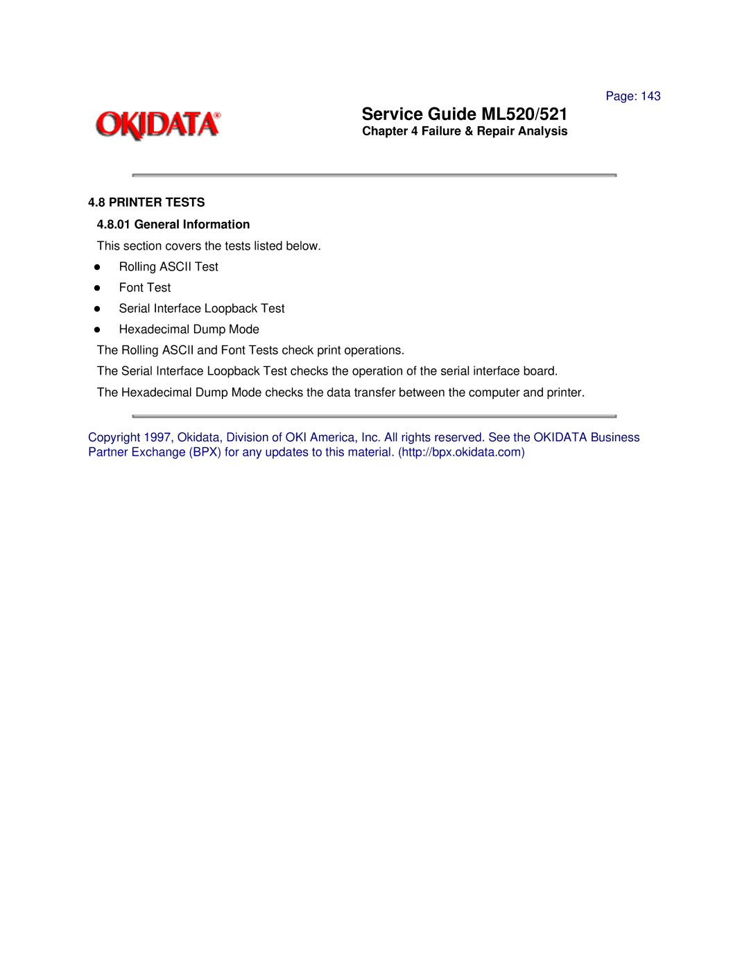 Oki ML520, ML521 manual Failure & Repair Analysis, Printer Tests 