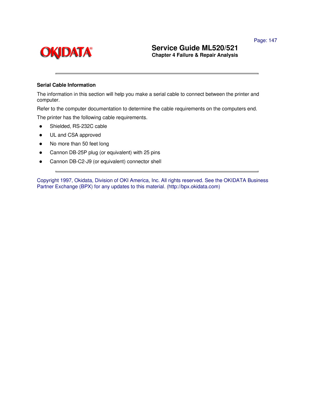 Oki ML521, ML520 manual Failure & Repair Analysis Serial Cable Information 