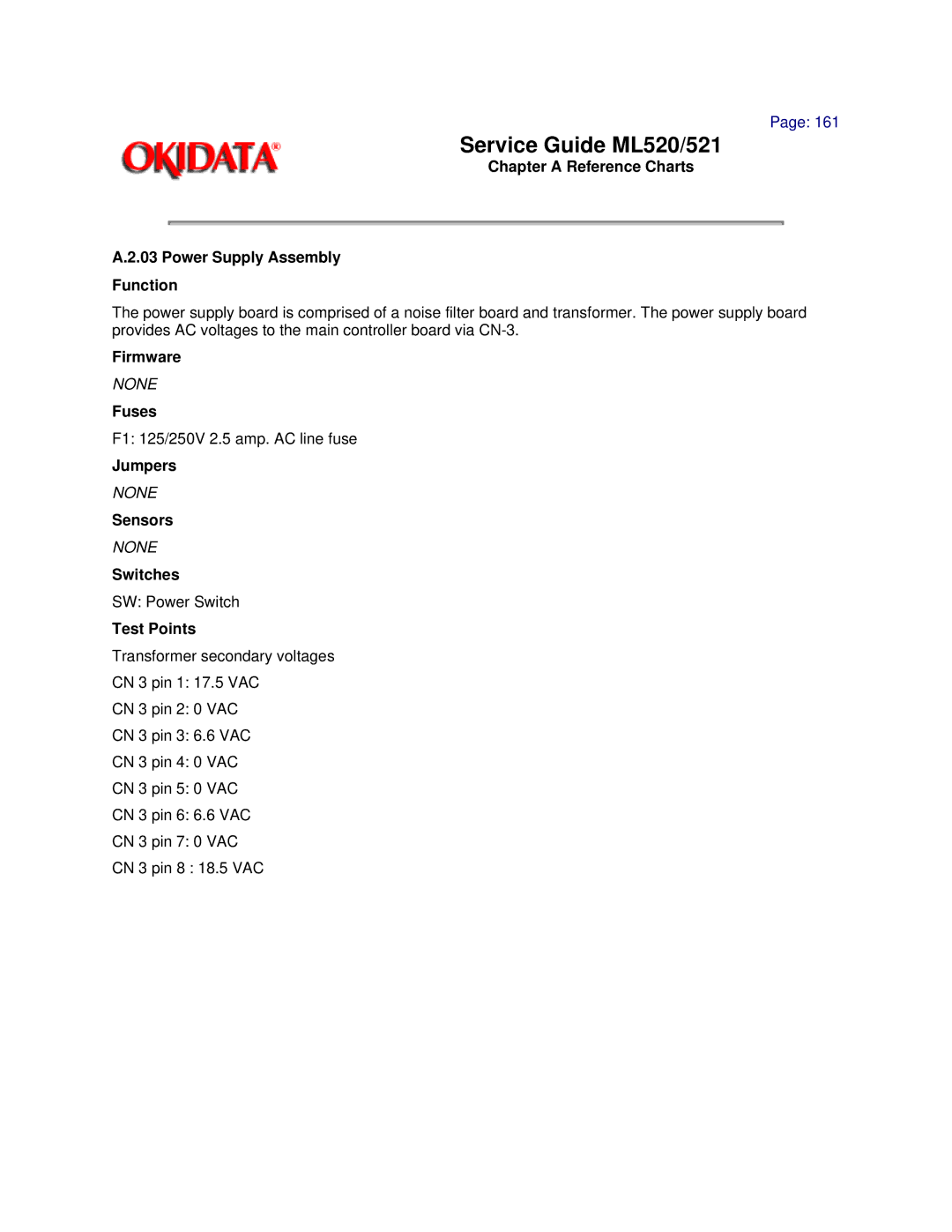 Oki ML521, ML520 manual Chapter a Reference Charts Power Supply Assembly Function 