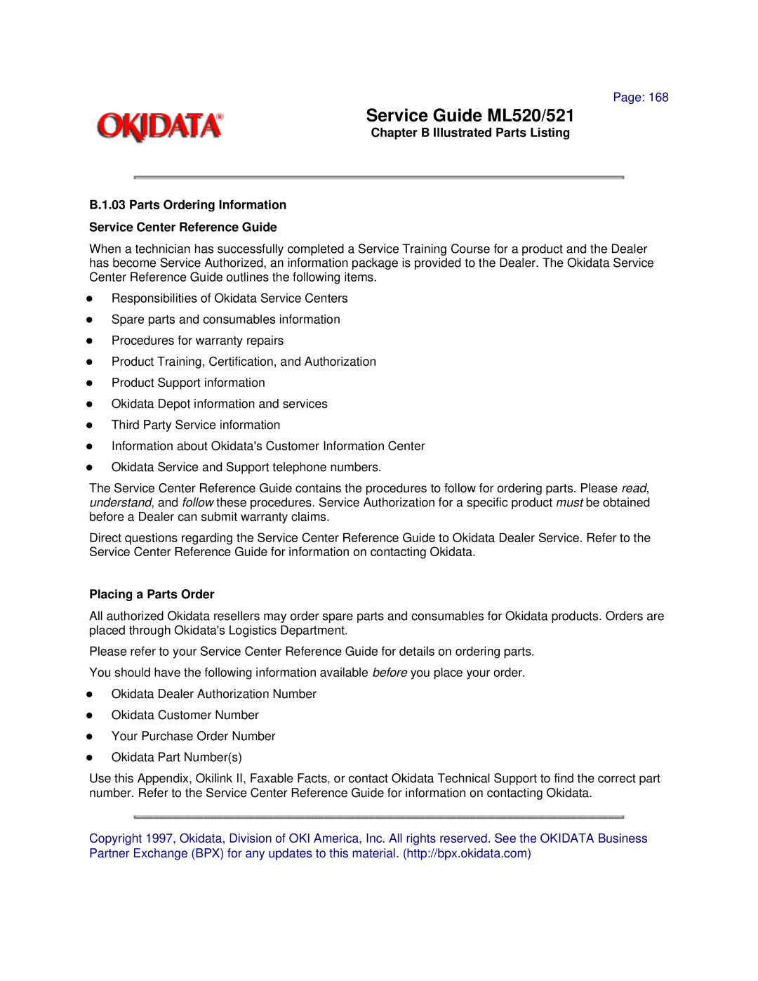 Oki ML520, ML521 manual Placing a Parts Order 