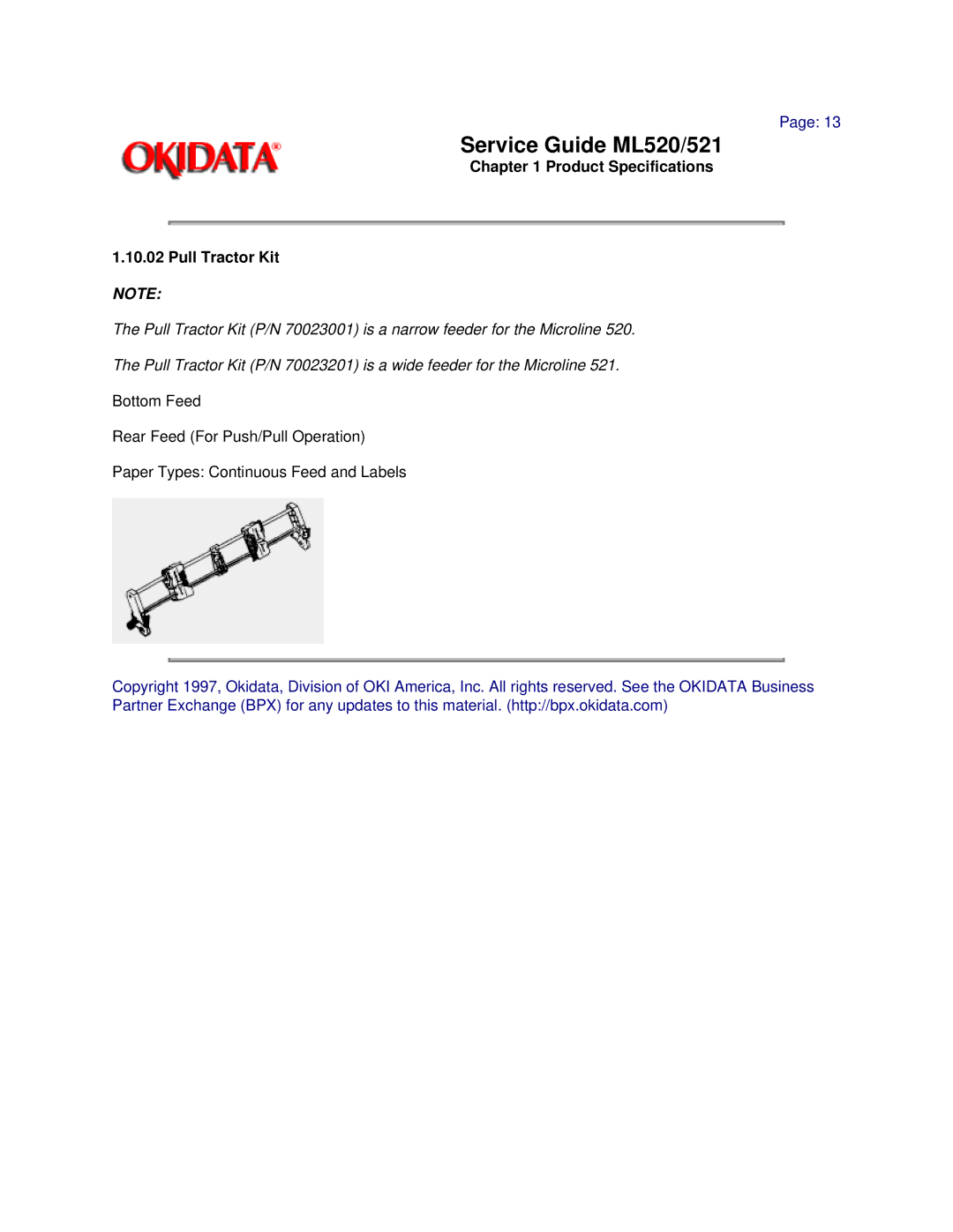 Oki ML521, ML520 manual Product Specifications Pull Tractor Kit 