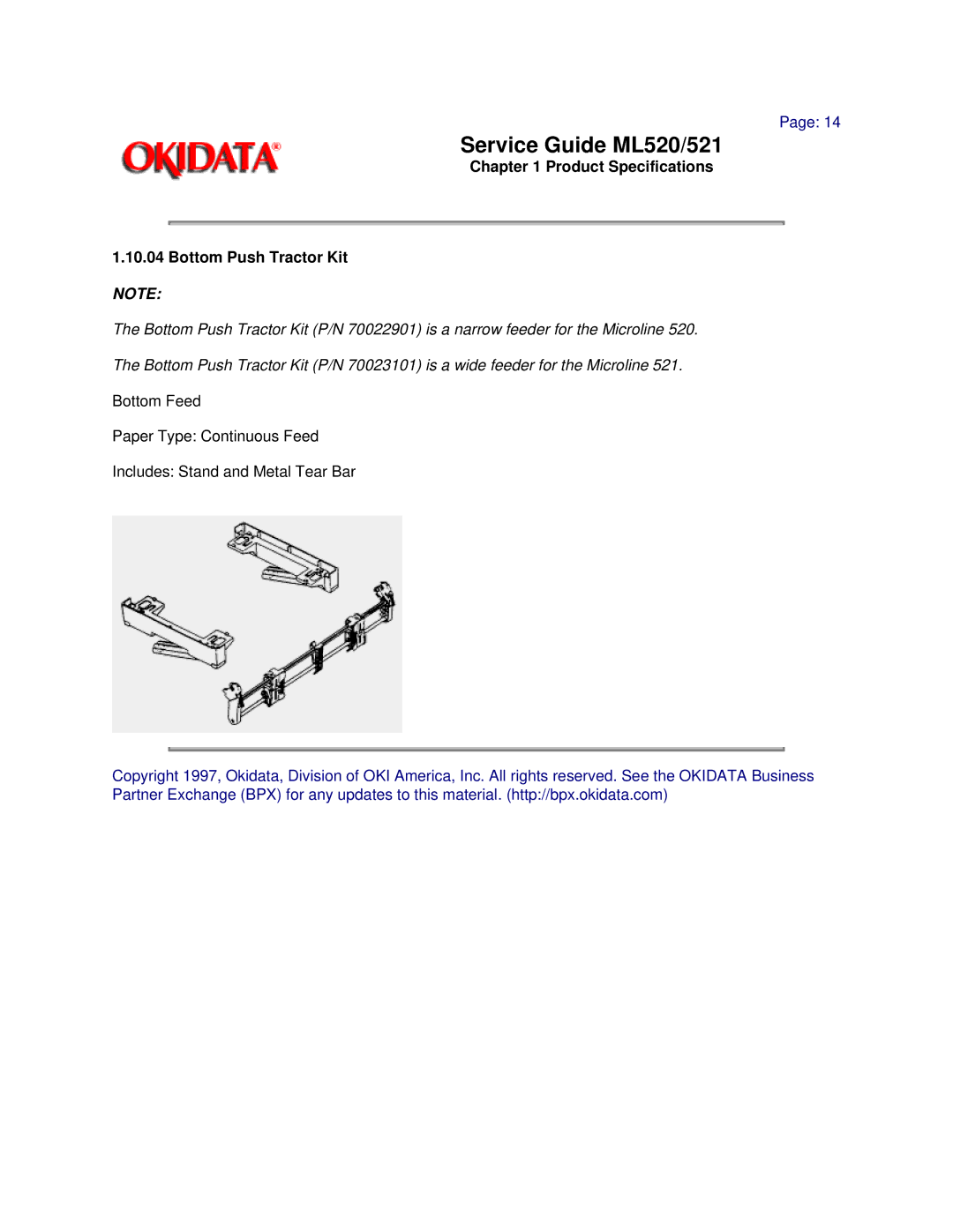 Oki ML520, ML521 manual Product Specifications Bottom Push Tractor Kit 