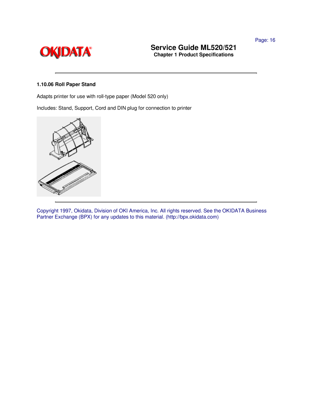 Oki ML520, ML521 manual Product Specifications Roll Paper Stand 