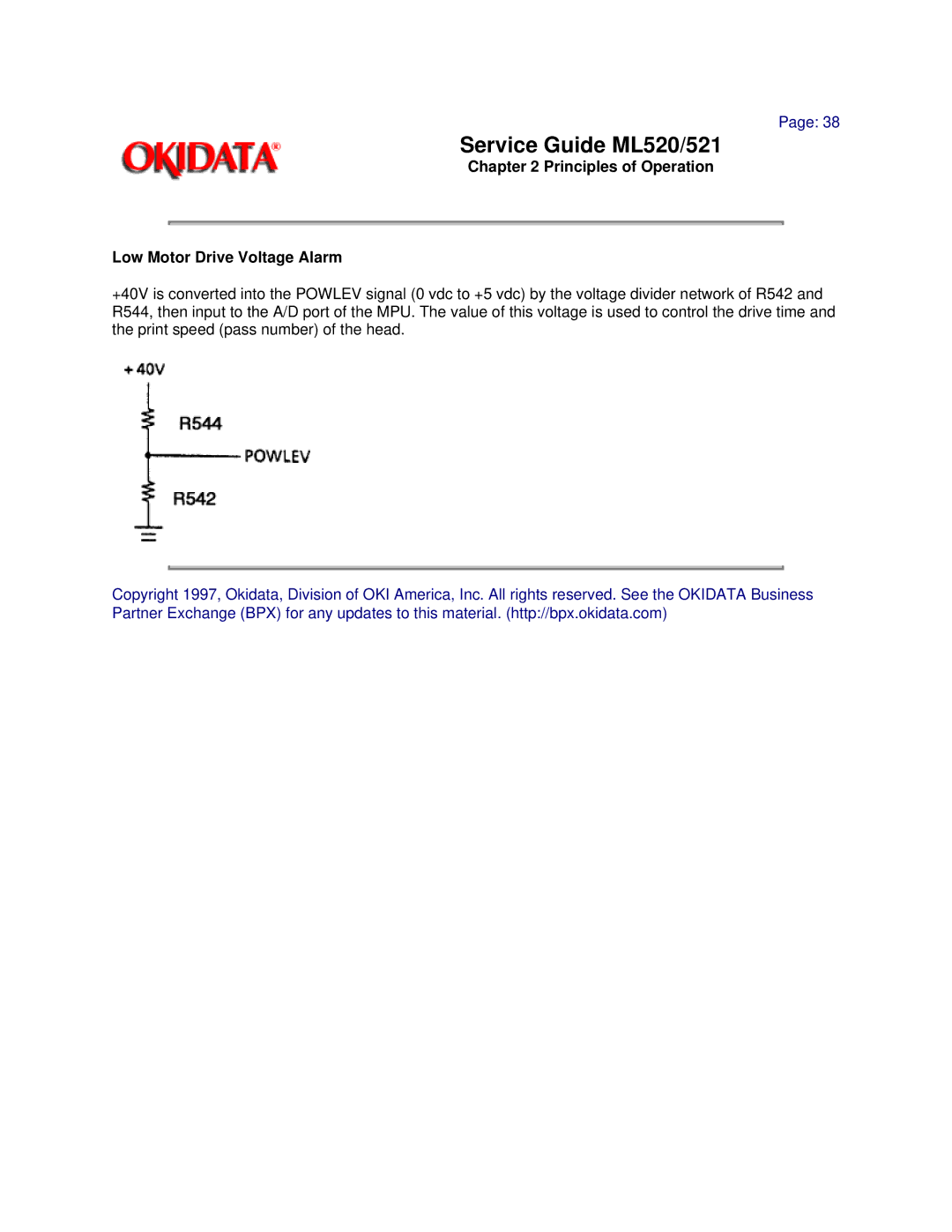 Oki ML521, ML520 manual Principles of Operation Low Motor Drive Voltage Alarm 