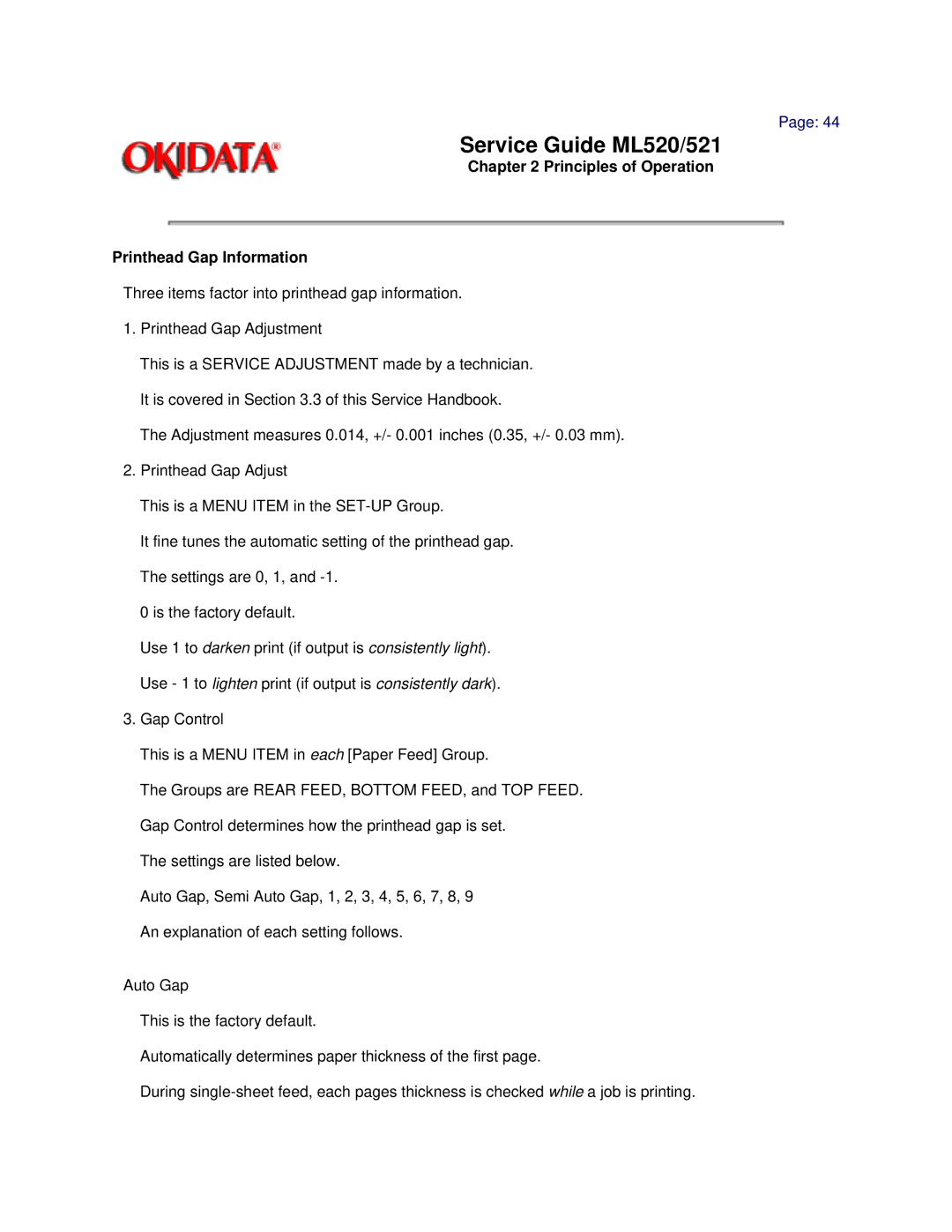 Oki ML521, ML520 manual Principles of Operation Printhead Gap Information 