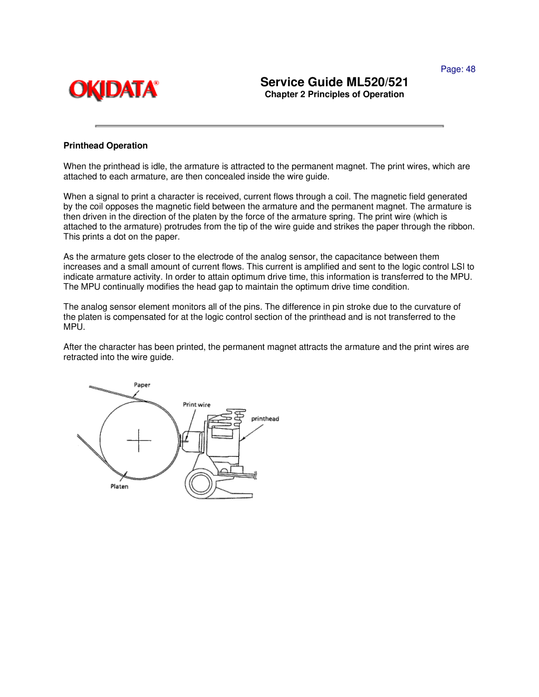 Oki ML520, ML521 manual Principles of Operation Printhead Operation 