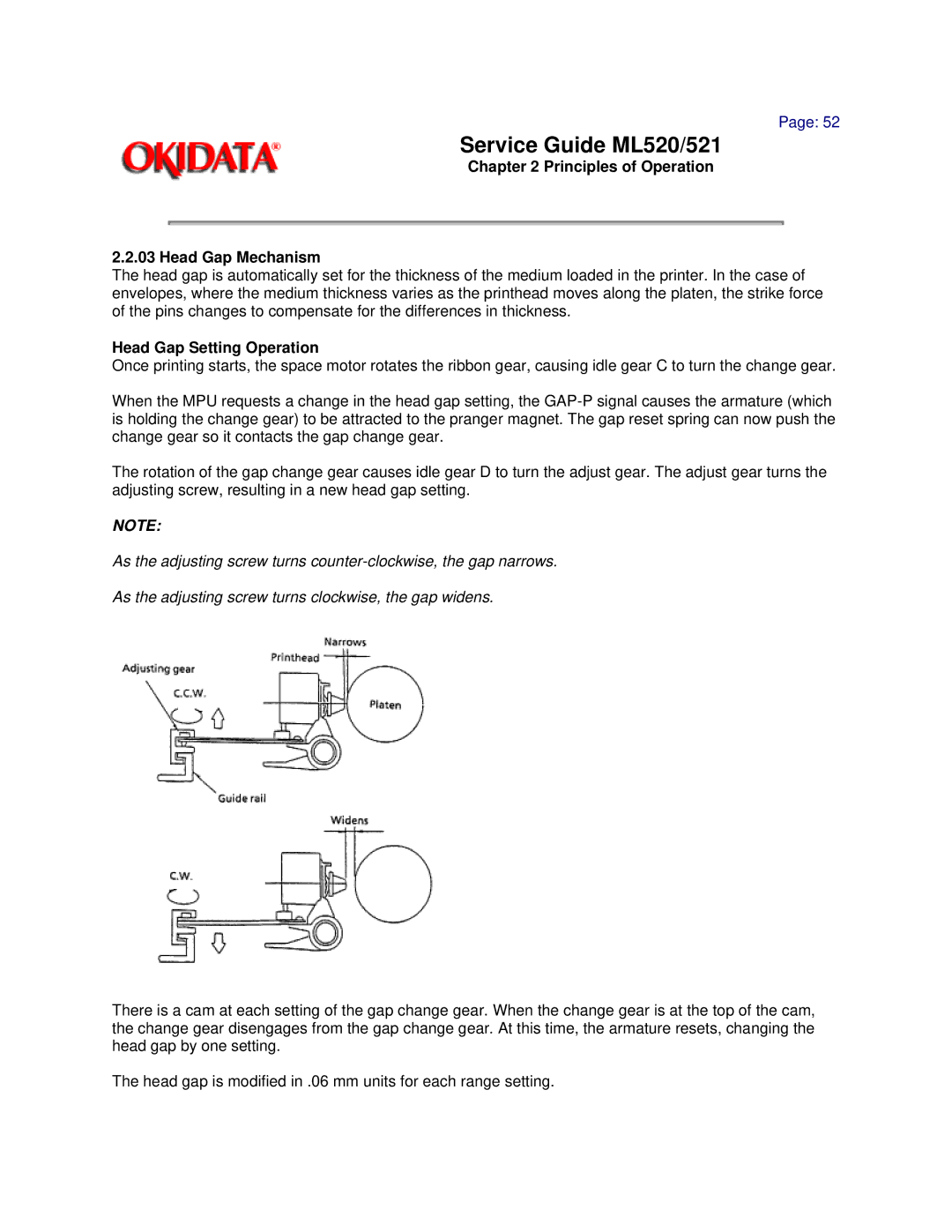 Oki ML521, ML520 manual Principles of Operation Head Gap Mechanism, Head Gap Setting Operation 