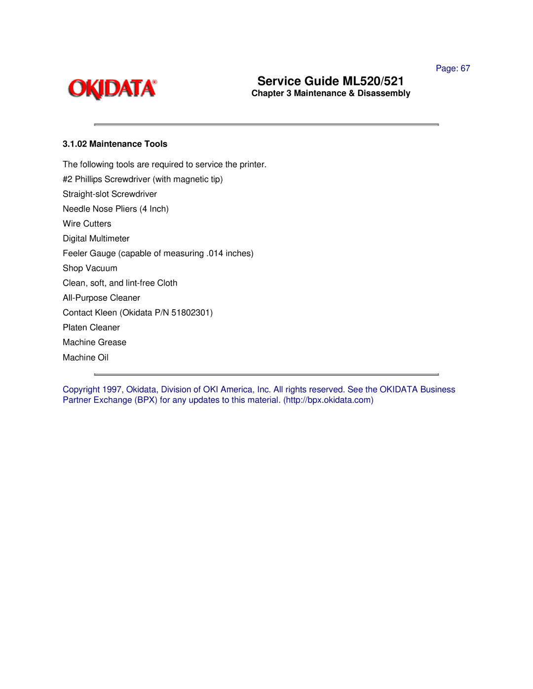 Oki ML521, ML520 manual Maintenance & Disassembly Maintenance Tools 