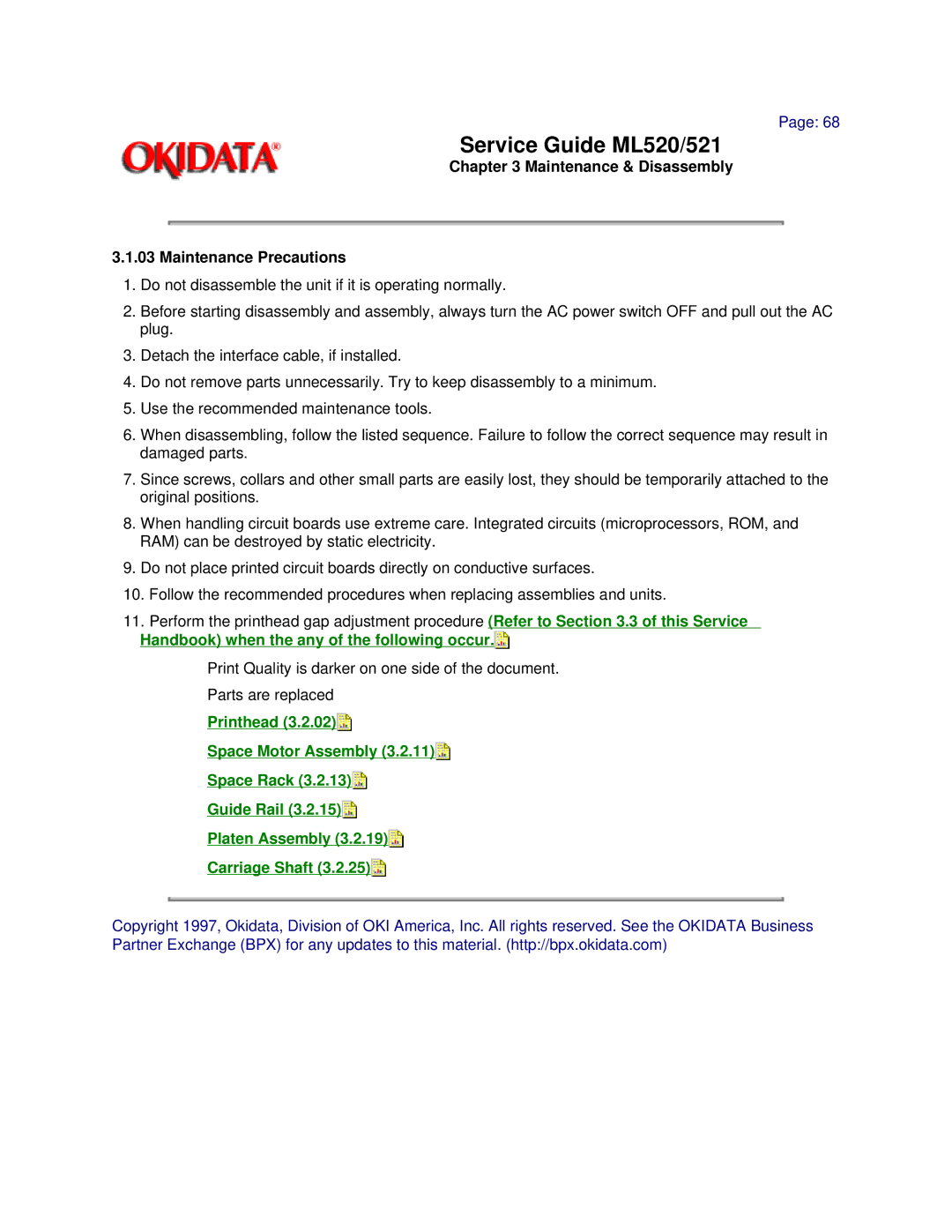 Oki ML520, ML521 manual Maintenance & Disassembly Maintenance Precautions, Handbook when the any of the following occur 