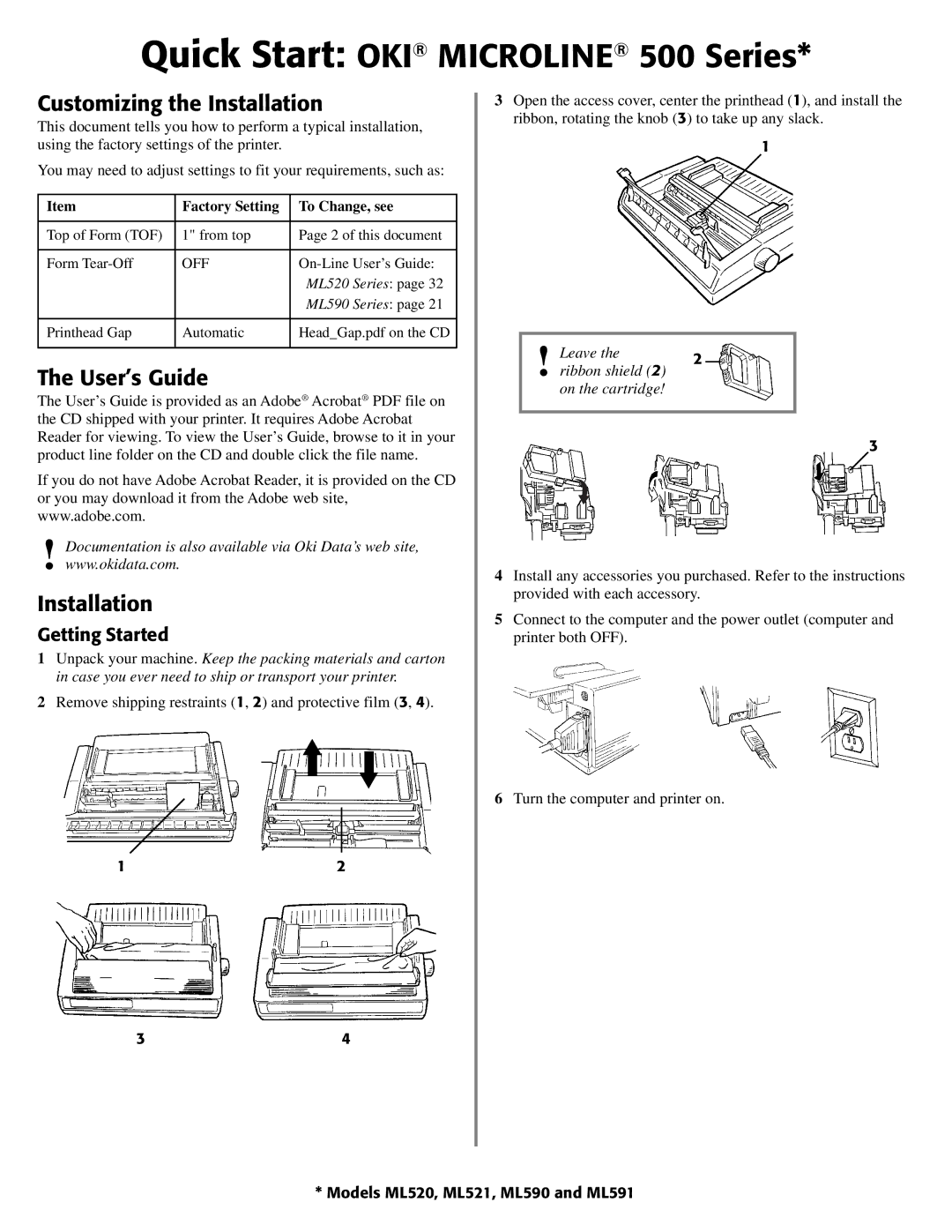 Oki quick start Getting Started, Factory Setting To Change, see, ML520 Series, ML590 Series 