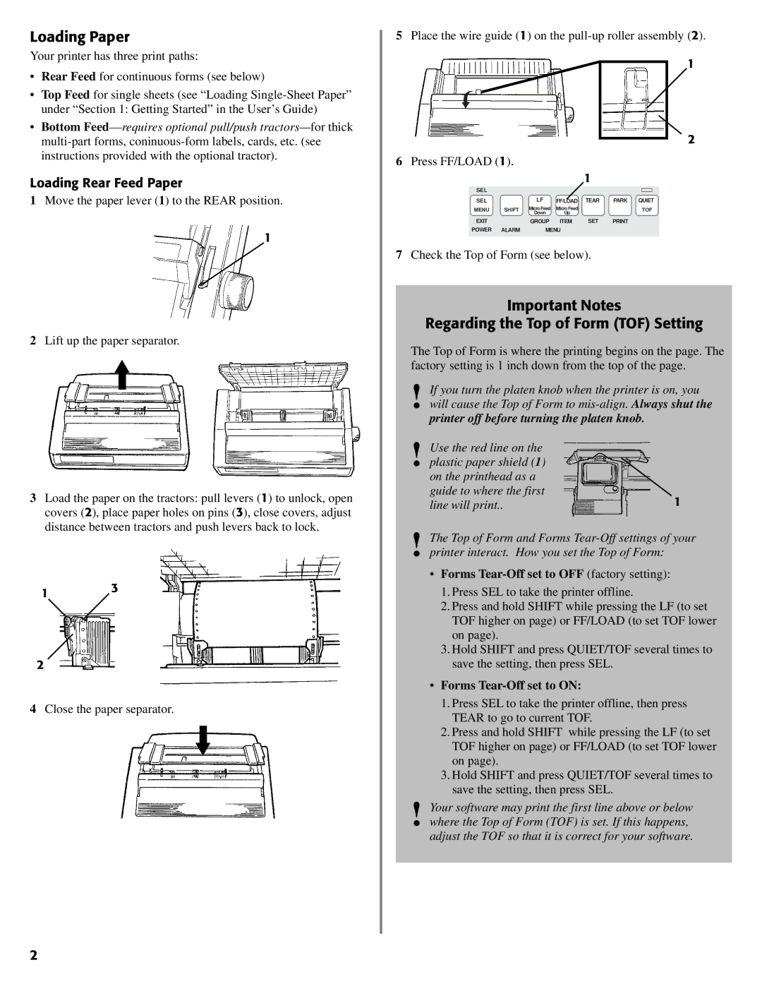 Oki ML520 quick start Loading Paper, Important Notes Regarding the Top of Form TOF Setting, Loading Rear Feed Paper 