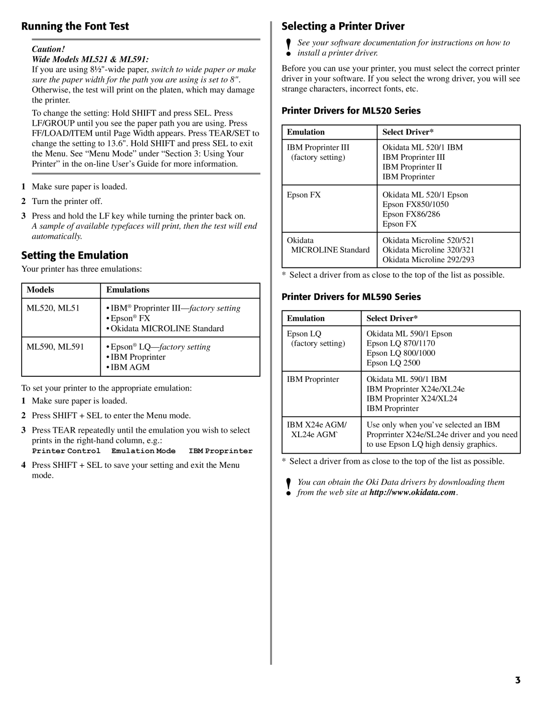 Oki Running the Font Test, Setting the Emulation, Selecting a Printer Driver, Printer Drivers for ML520 Series 