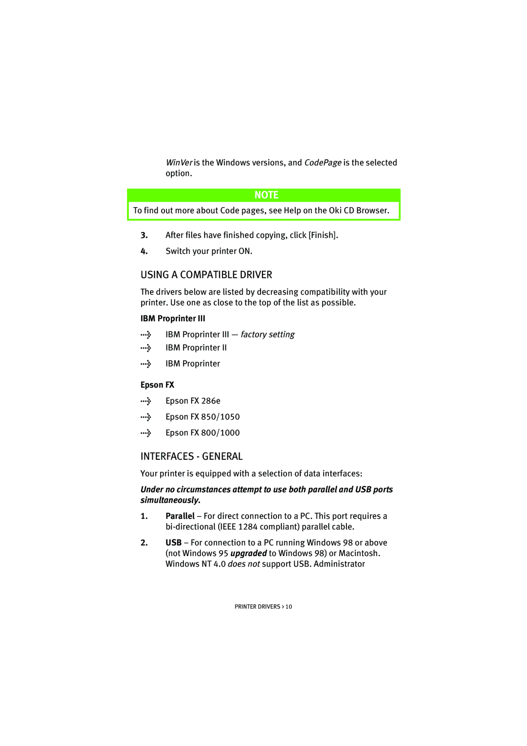 Oki ML5521, ML5520 manual Using a Compatible Driver, Interfaces General, IBM Proprinter, Epson FX 