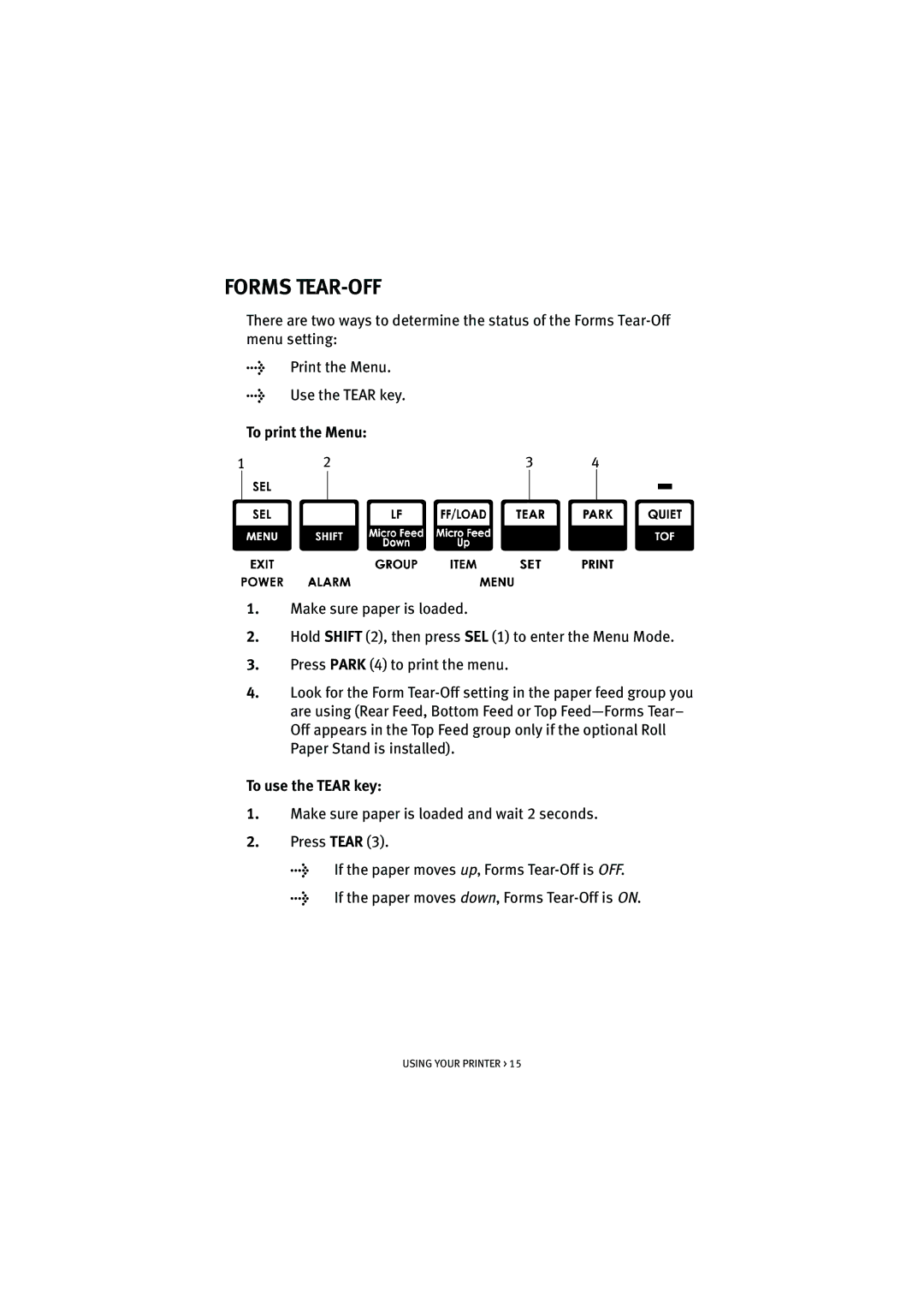 Oki ML5520, ML5521 manual Forms TEAR-OFF, To print the Menu, To use the Tear key 