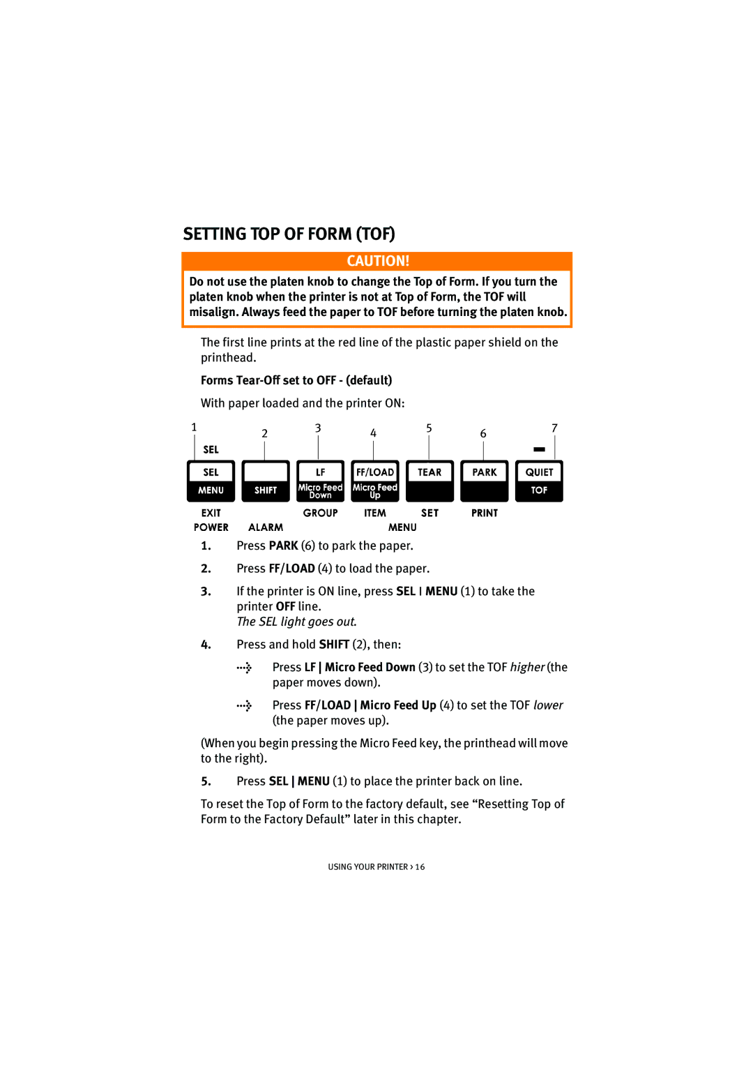 Oki ML5521, ML5520 manual Setting TOP of Form TOF, Forms Tear-Off set to OFF default 