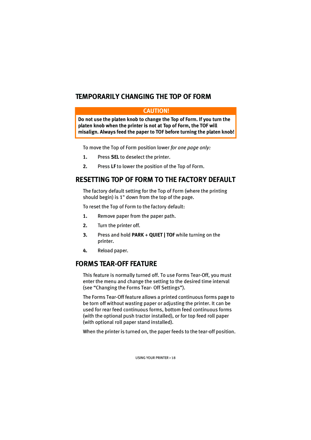 Oki ML5521, ML5520 manual Temporarily Changing the TOP of Form, Forms TEAR-OFF Feature 