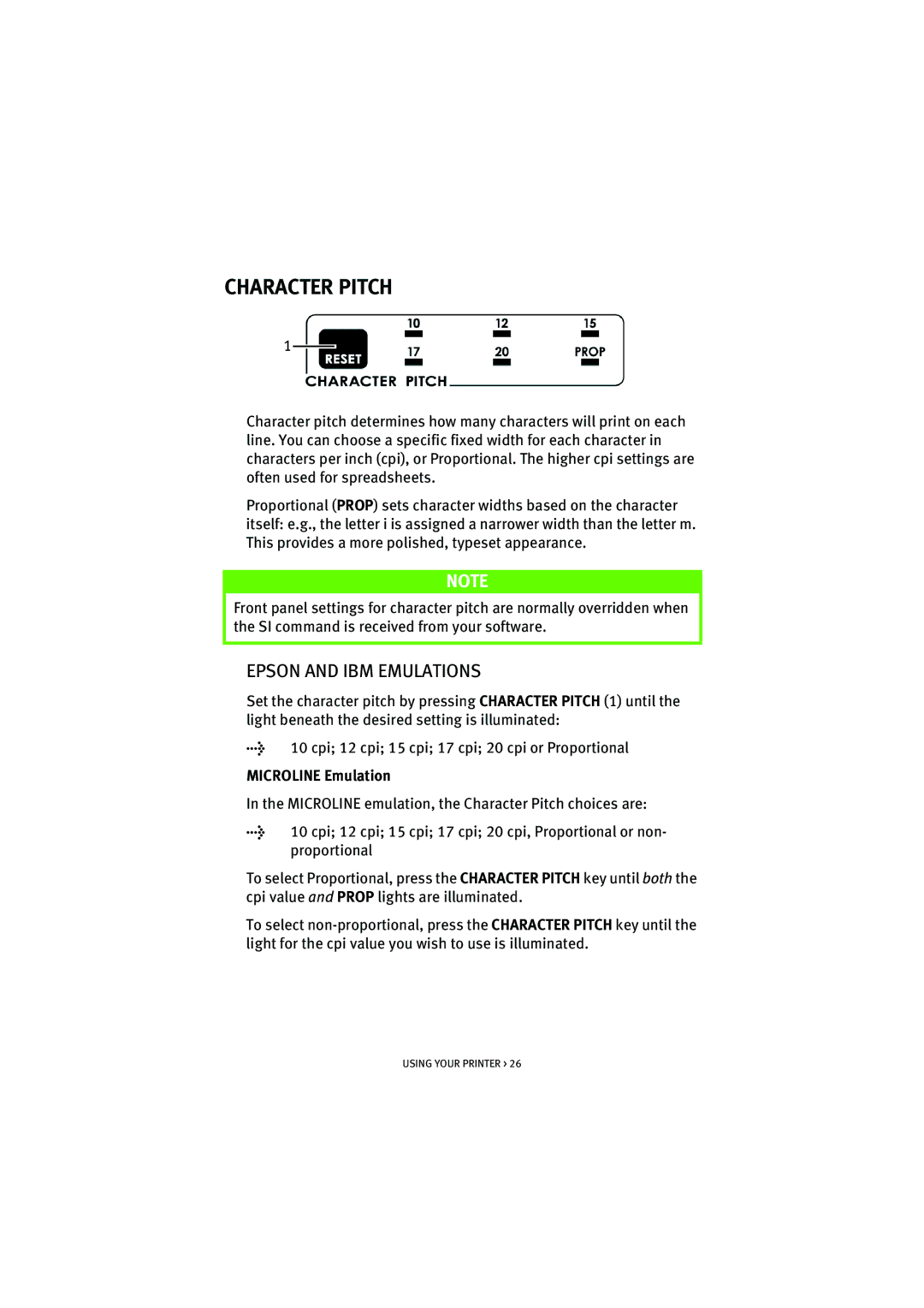 Oki ML5521, ML5520 manual Character Pitch, Epson and IBM Emulations, Microline Emulation 