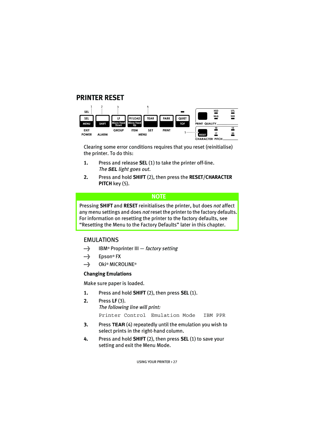 Oki ML5520, ML5521 manual Printer Reset, Changing Emulations 