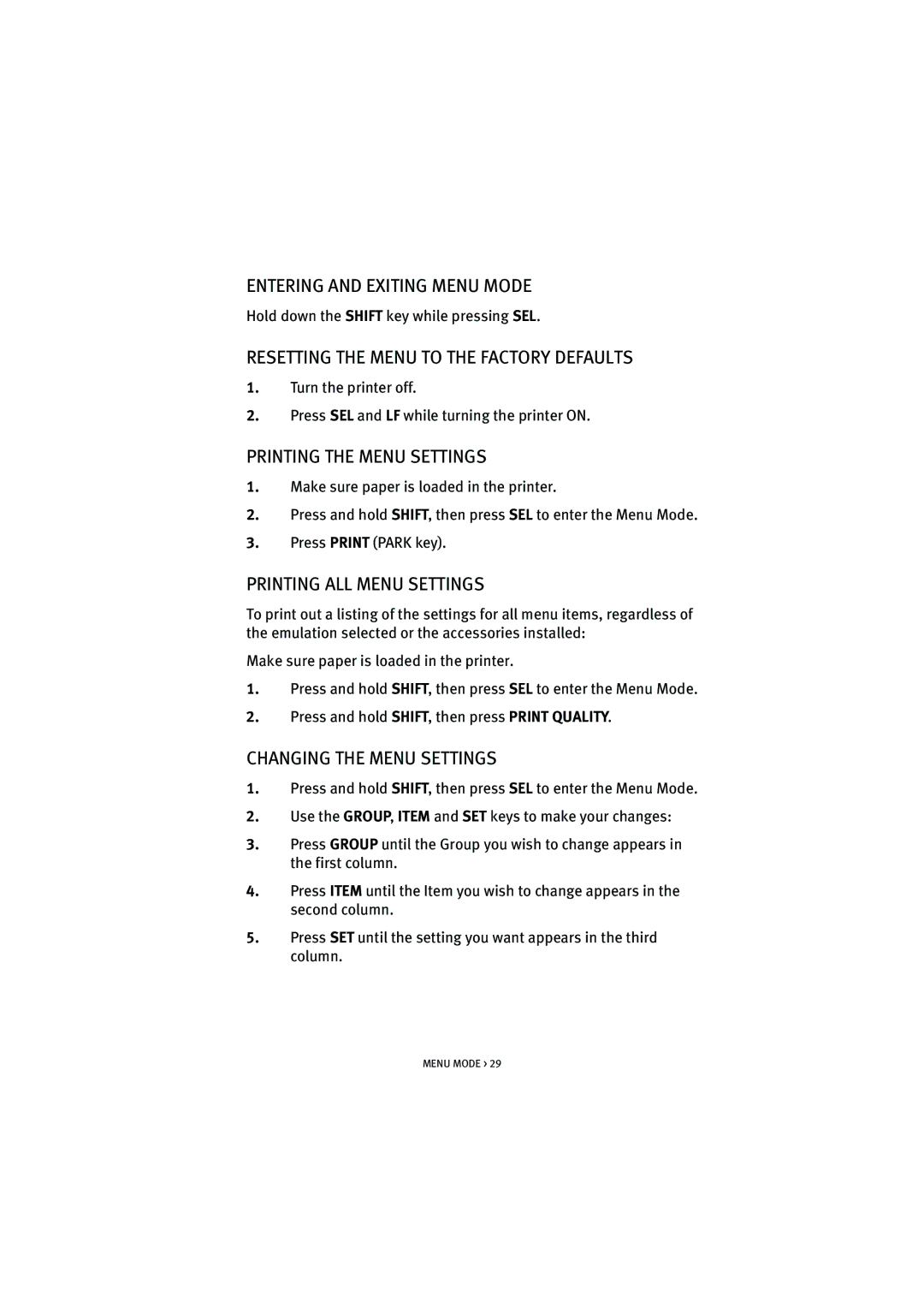 Oki ML5520, ML5521 Entering and Exiting Menu Mode, Resetting the Menu to the Factory Defaults, Printing the Menu Settings 