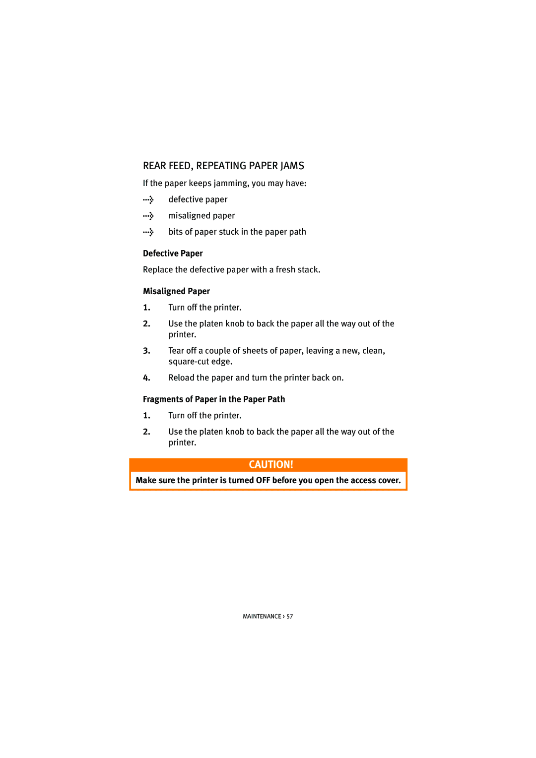 Oki ML5520, ML5521 manual Rear FEED, Repeating Paper Jams, Defective Paper, Misaligned Paper 