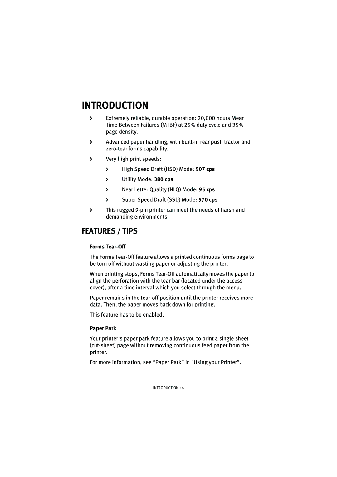 Oki ML5521, ML5520 manual Introduction, Features / Tips, Forms Tear-Off, Paper Park 