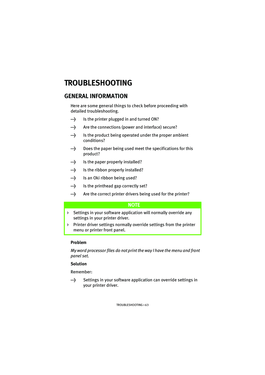 Oki ML5520, ML5521 manual Troubleshooting, General Information, Problem, Solution 