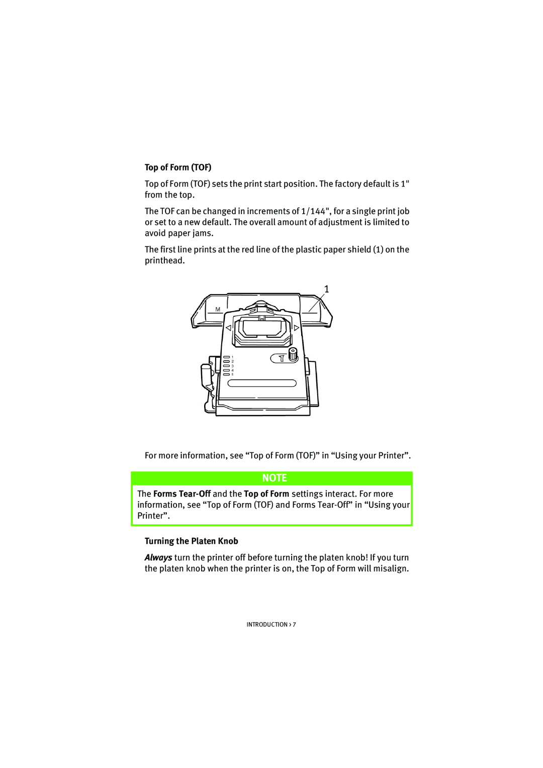 Oki ML5520, ML5521 manual Top of Form TOF, Turning the Platen Knob 