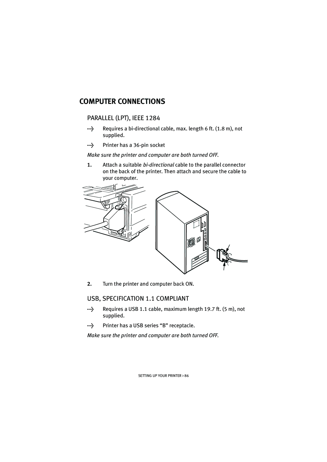 Oki ML5521, ML5520 manual Computer Connections, Parallel LPT, Ieee, USB, Specification 1.1 Compliant 