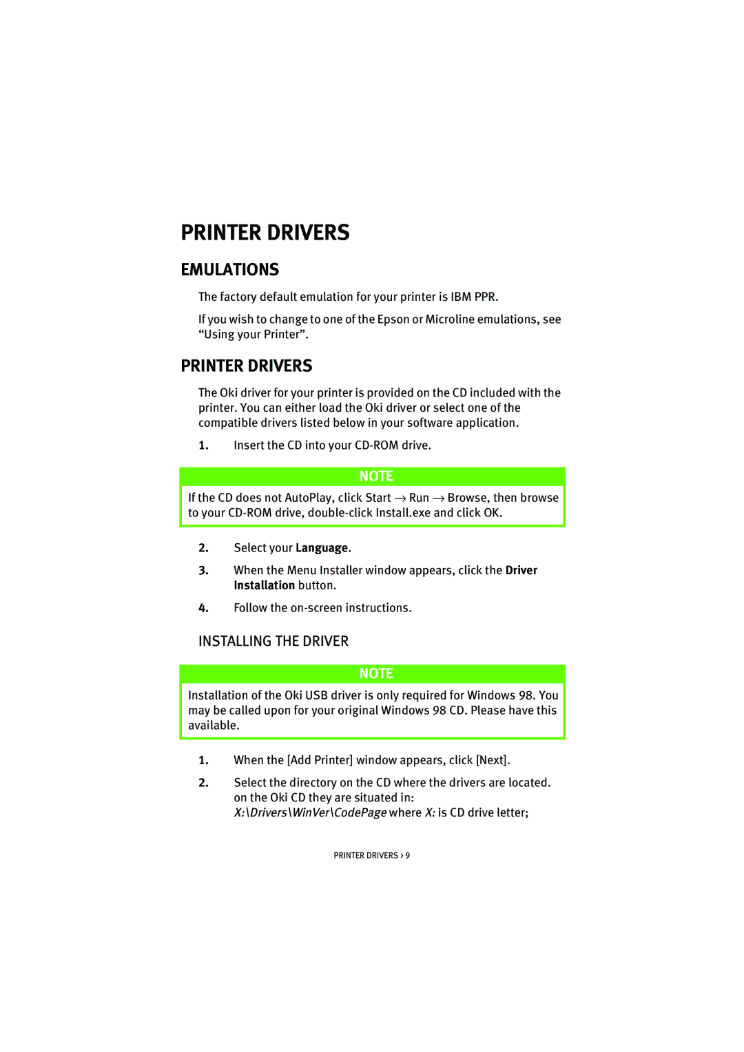 Oki ML5520, ML5521 manual Printer Drivers, Emulations, Installing the Driver 