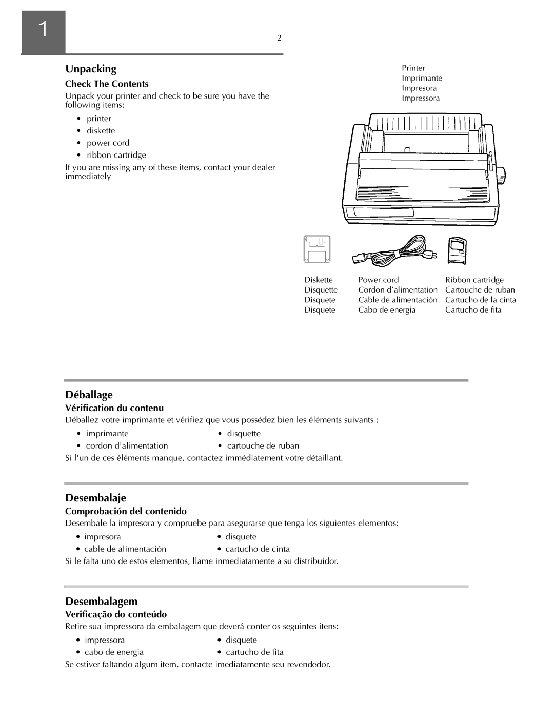 Oki ML590 manual Unpacking, Déballage, Desembalaje, Desembalagem 