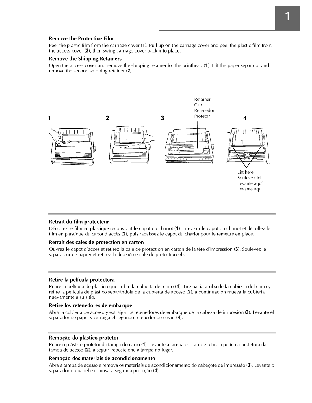 Oki ML590 manual Remove the Protective Film, Remove the Shipping Retainers, Retrait du film protecteur 