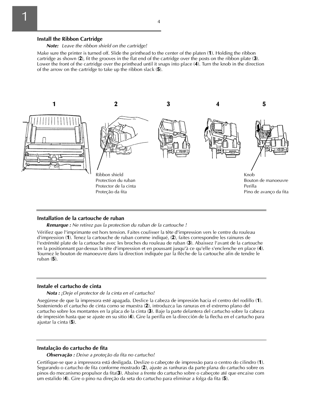 Oki ML590 manual Install the Ribbon Cartridge, Installation de la cartouche de ruban, Instale el cartucho de cinta 