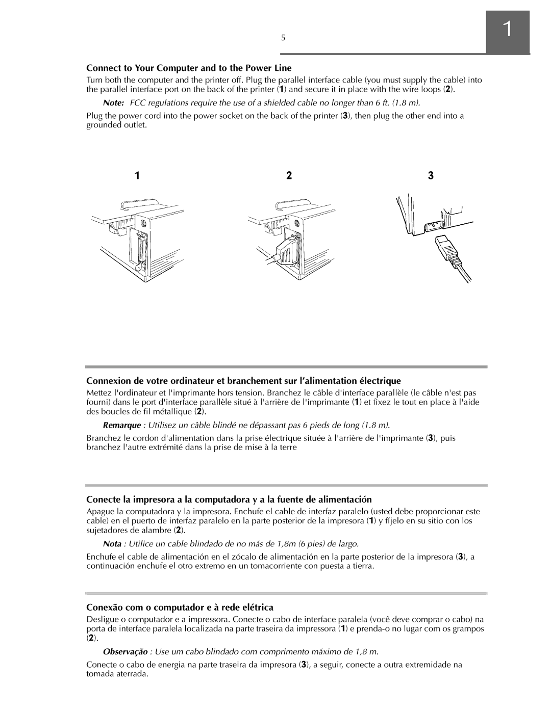 Oki ML590 manual Connect to Your Computer and to the Power Line, Conexão com o computador e à rede elétrica 