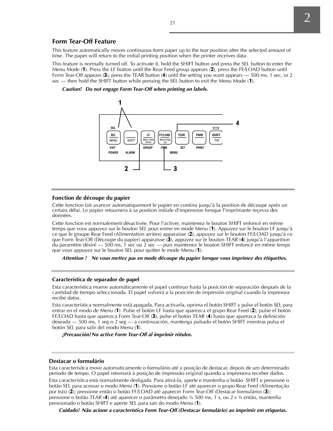 Oki ML590 manual ˜ ˜, Fonction de découpe du papier, Destacar o formulário, Característica de separador de papel 