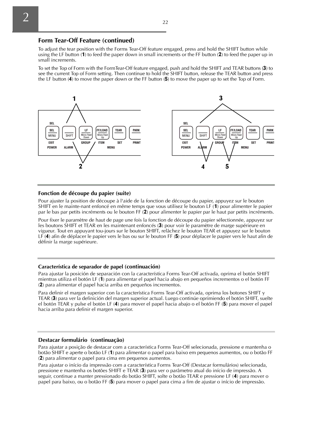 Oki ML590 manual Fonction de découpe du papier suite, Destacar formulário continuação, Lˆâ ULˆ â âtpı D Uâ tpı 