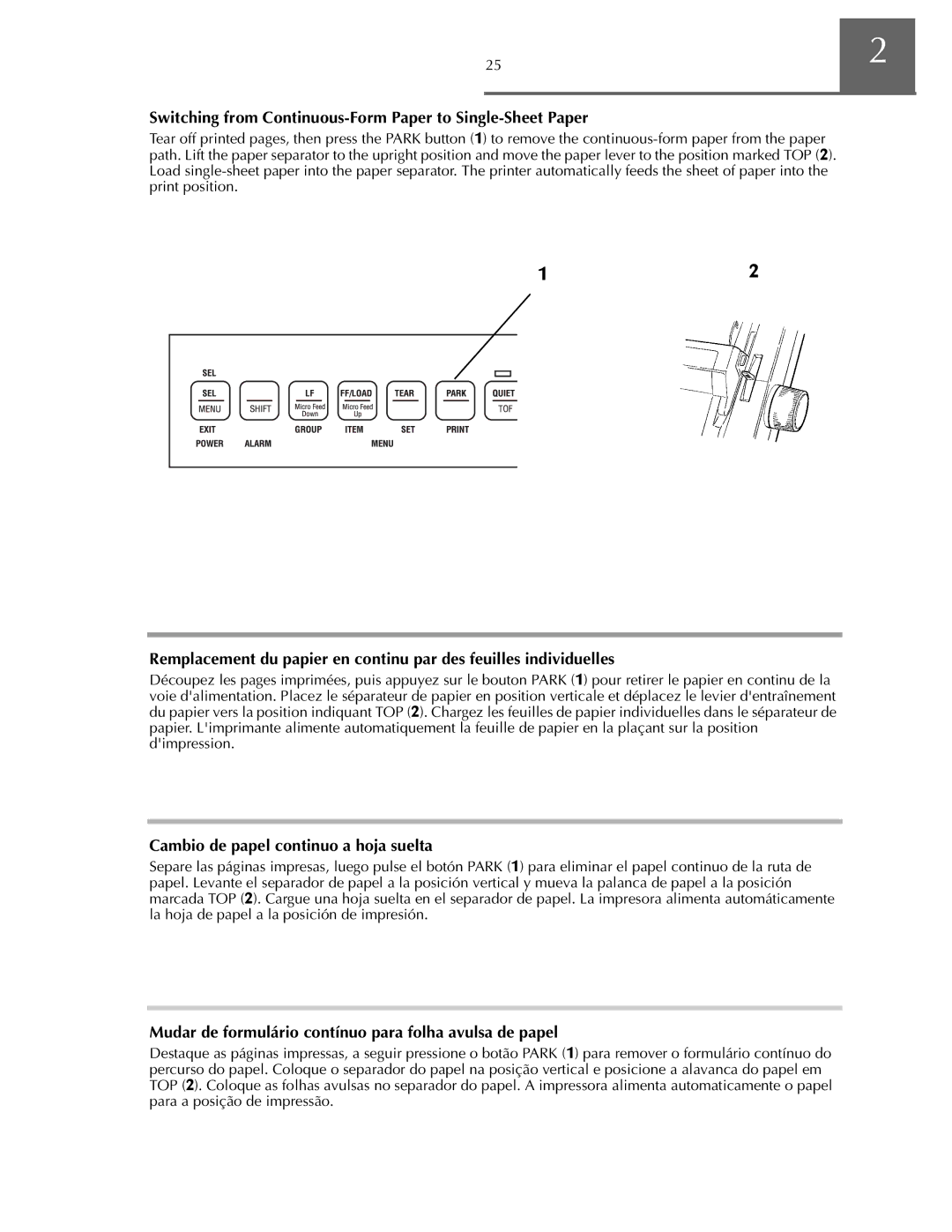 Oki ML590 manual Switching from Continuous-Form Paper to Single-Sheet Paper, Cambio de papel continuo a hoja suelta 