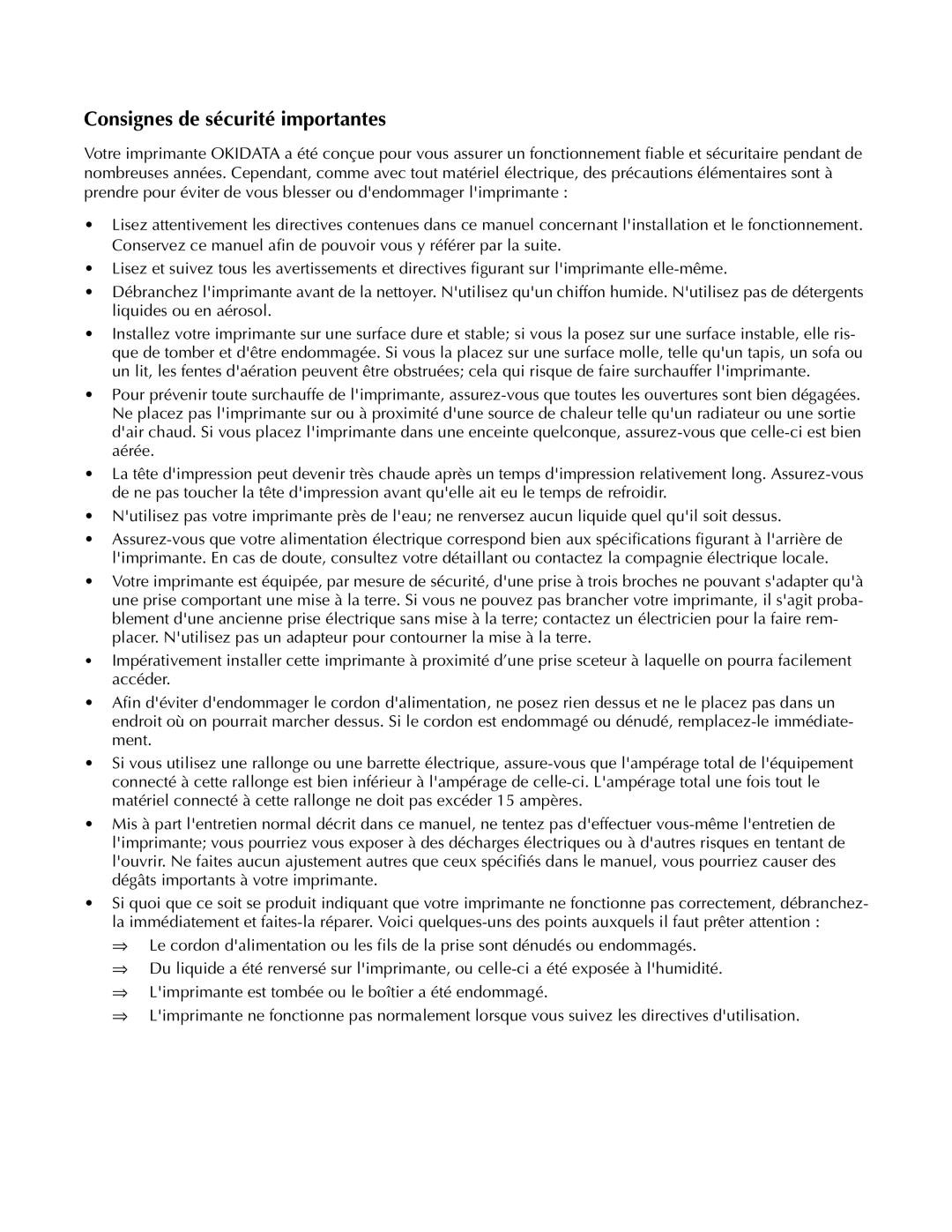 Oki ML590 manual Consignes de sécurité importantes 