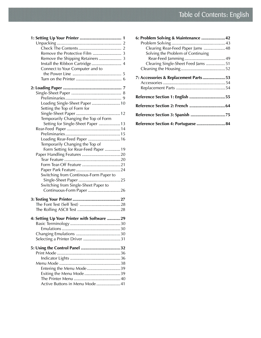 Oki ML590 manual Table of Contents English 