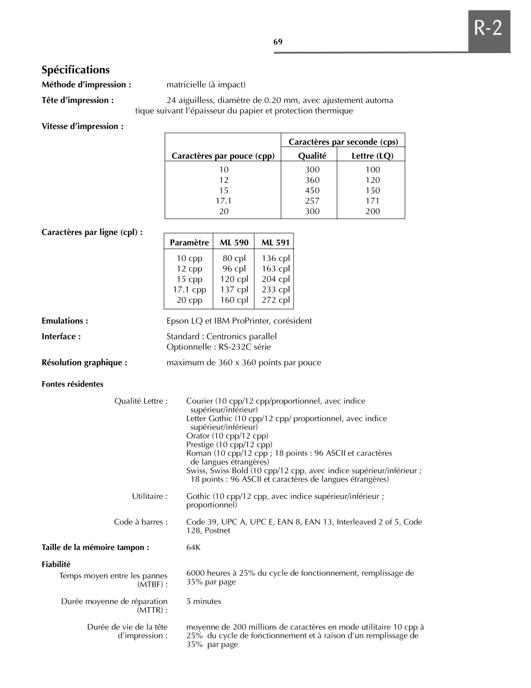 Oki ML590 manual Spécifications 