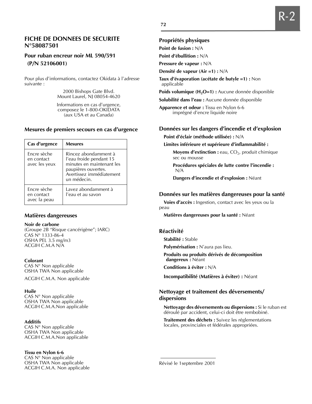 Oki ML590 manual Fiche de dqppeeu de uecxtive N58087501, Cas d’urgence Mesures, Nettoyage des déversements ou dispersions o 