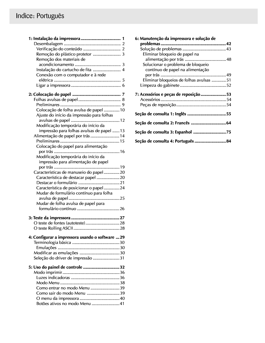 Oki ML590 manual Indice Português 