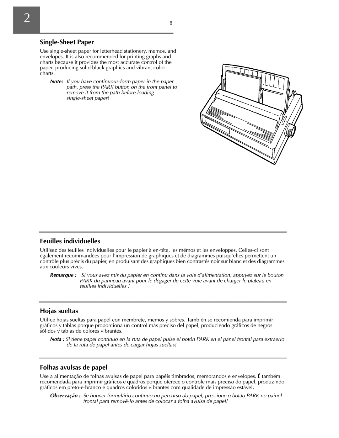 Oki ML590 manual Single-Sheet Paper, Feuilles individuelles, Hojas sueltas, Folhas avulsas de papel 