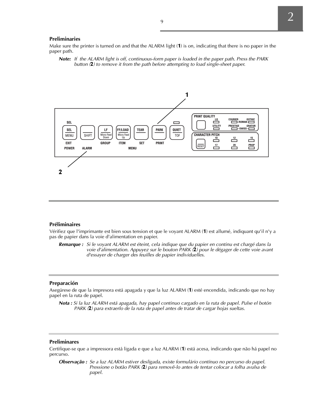 Oki ML590 manual Preliminaries, Préliminaires, Preparación, Preliminares 