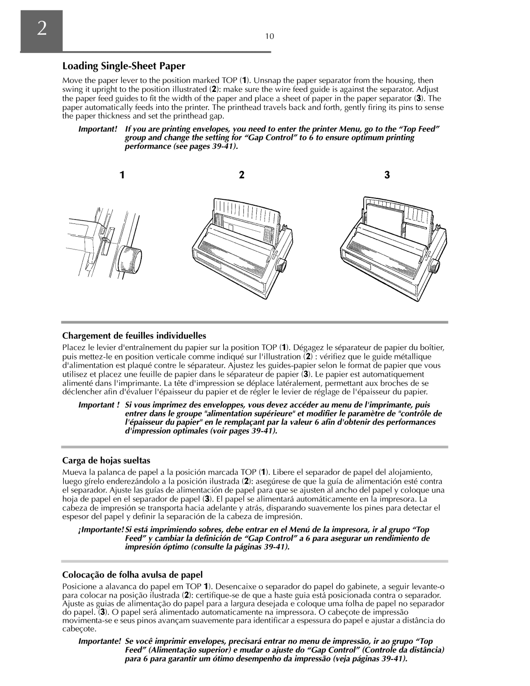Oki ML590 manual Loading Single-Sheet Paper, Chargement de feuilles individuelles, Carga de hojas sueltas 