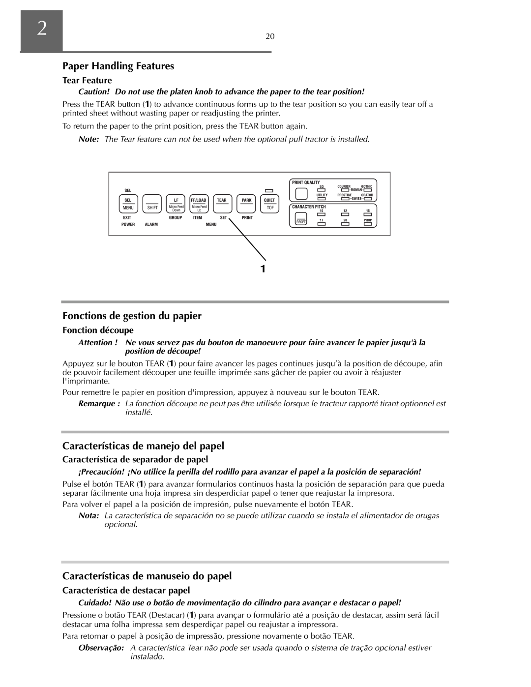Oki ML590 manual Características de manejo del papel, Características de manuseio do papel, Fonction découpe 