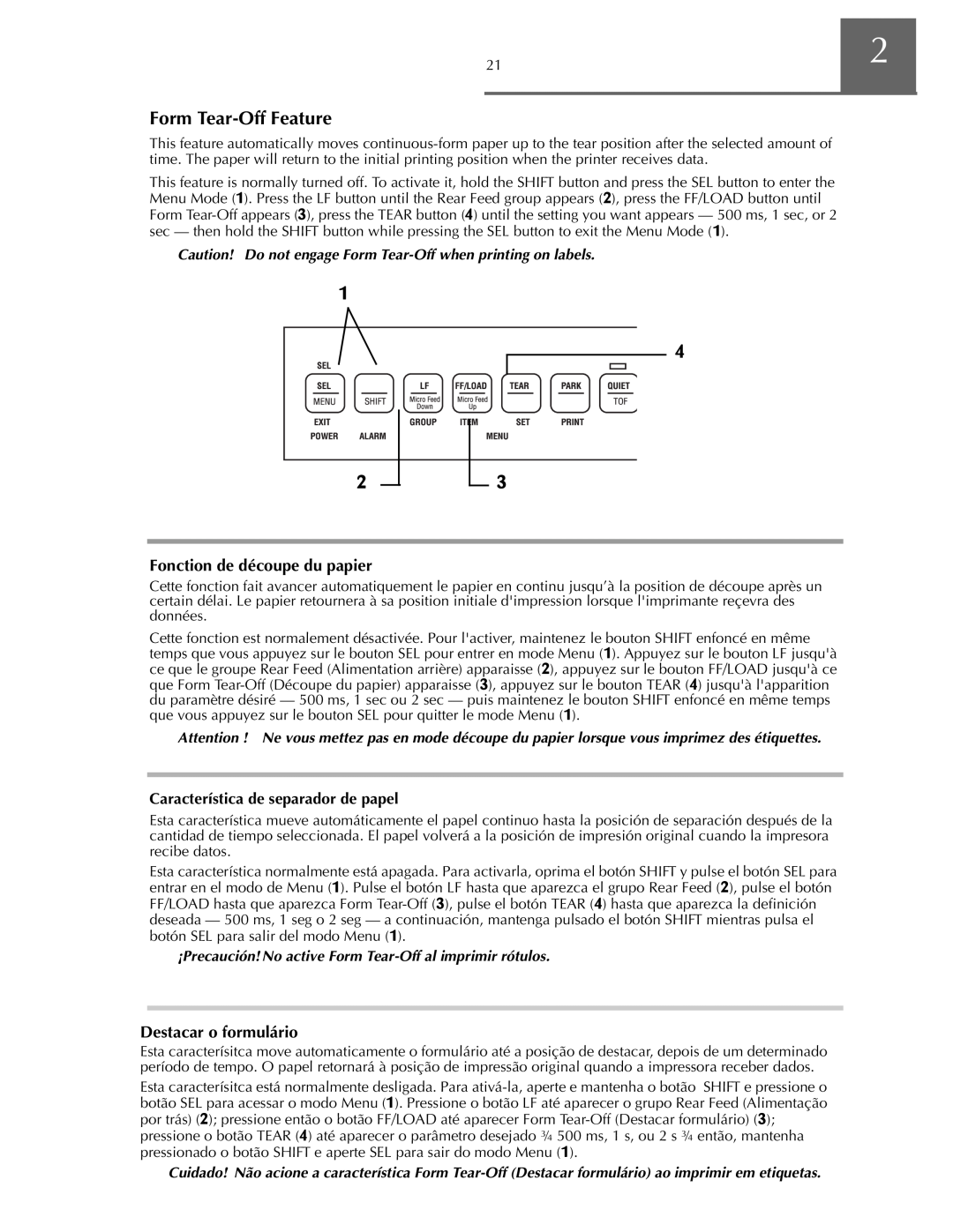 Oki ML590 manual Fonction de découpe du papier, Destacar o formulário 