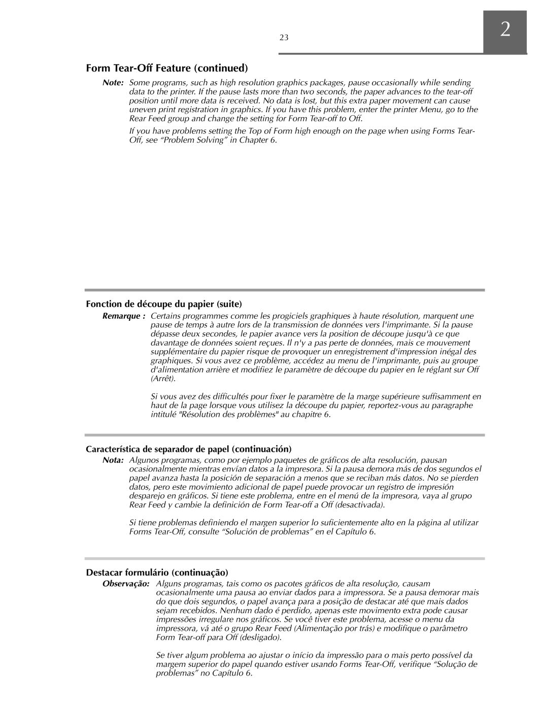 Oki ML590 manual Fonction de découpe du papier suite, Destacar formulário continuação 