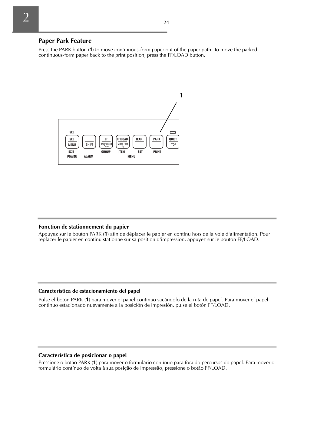 Oki ML590 manual Característica de posicionar o papel, Característica de estacionamiento del papel 